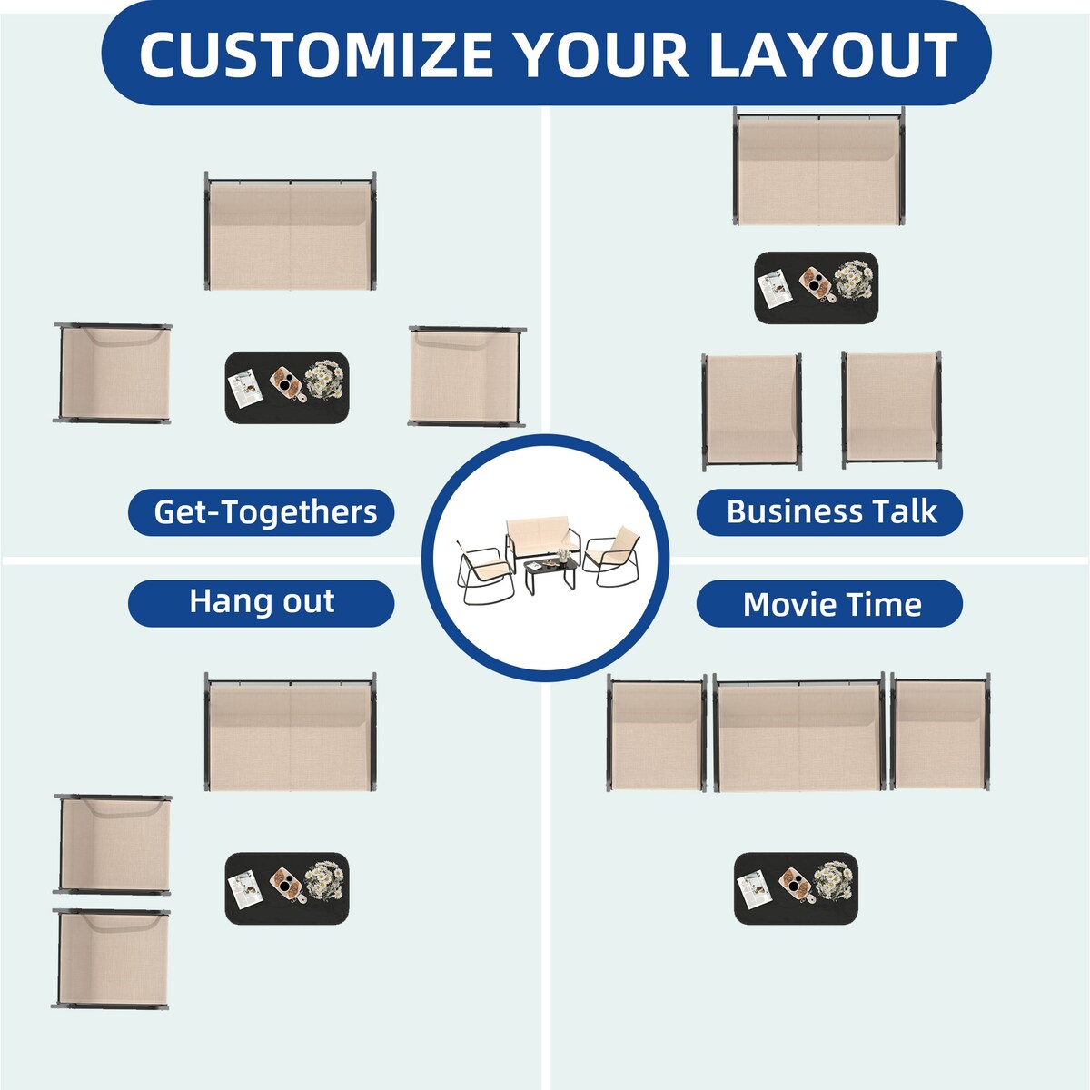 Set da conversazione per patio esterno Moasis da 4 pezzi con sedie a dondolo da bistrot, divanetto e tavolo in vetro