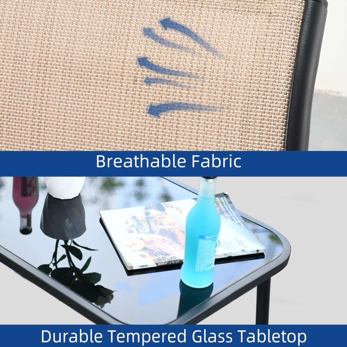 Set da conversazione per patio esterno Moasis da 4 pezzi con sedie a dondolo da bistrot, divanetto e tavolo in vetro