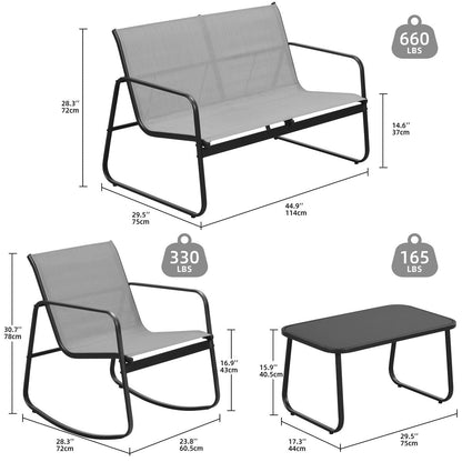 Set da conversazione per patio esterno Moasis da 4 pezzi con sedie a dondolo da bistrot, divanetto e tavolo in vetro