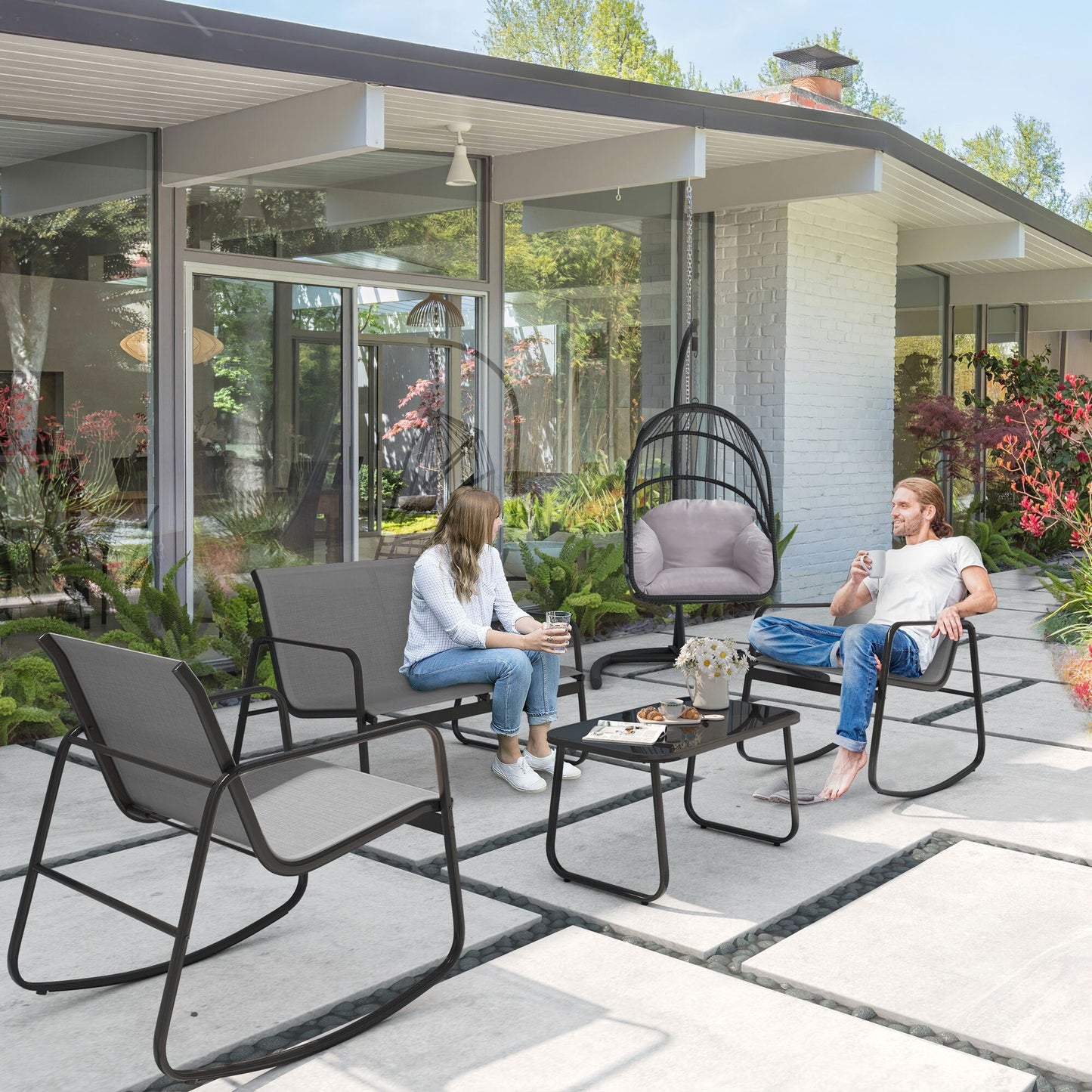 Set da conversazione Moasis Textline da esterno, 4 pezzi, con tavolo in vetro