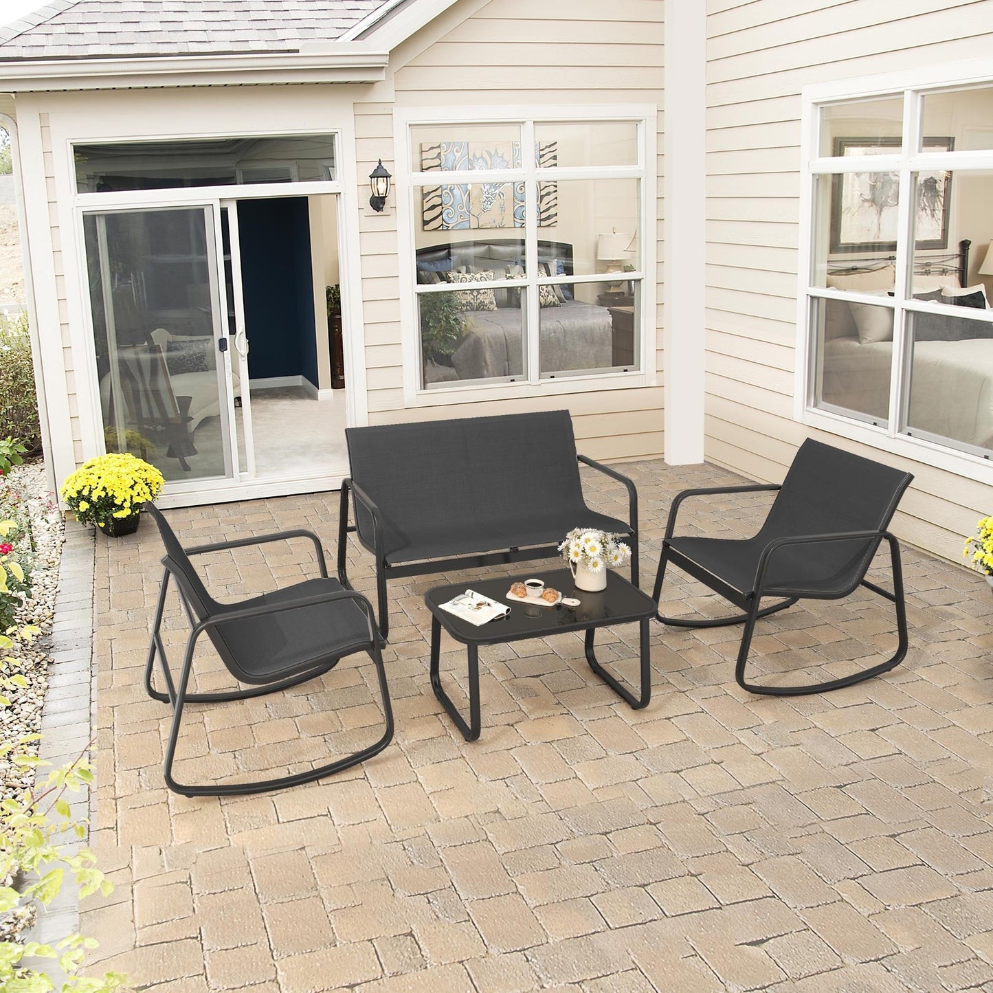 Set da conversazione Moasis Textline da esterno, 4 pezzi, con tavolo in vetro