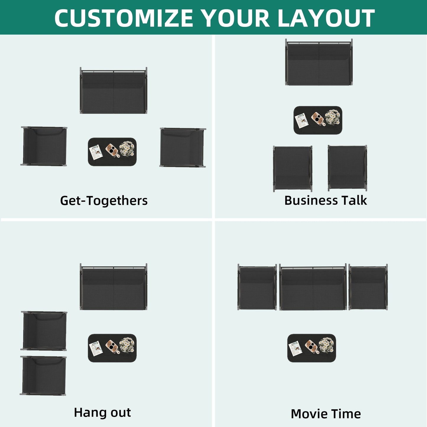 Set da conversazione Moasis Textline da esterno, 4 pezzi, con tavolo in vetro