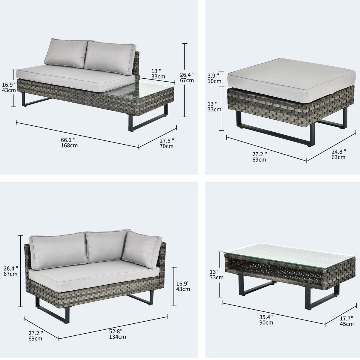 Set da conversazione per patio Moasis da 4 pezzi, divano componibile a L in rattan PE con tavolino e cuscini