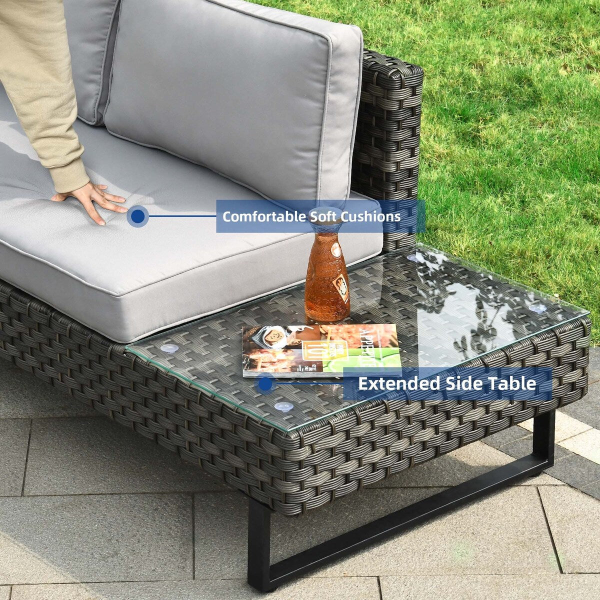 Set da conversazione per patio Moasis da 4 pezzi, divano componibile a L in rattan PE con tavolino e cuscini