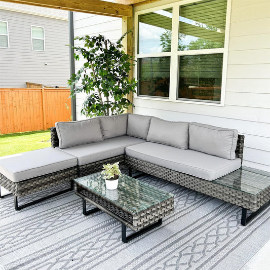 Set da conversazione per patio Moasis da 4 pezzi, divano componibile a L in rattan PE con tavolino e cuscini