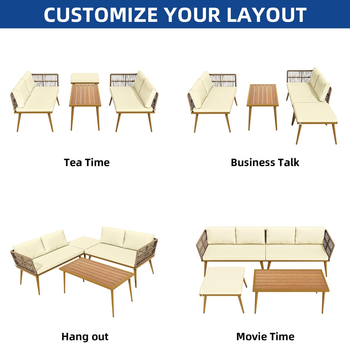 Set da conversazione per patio Moasis da 4 pezzi, divano componibile a L con cuscini e tavolino laterale