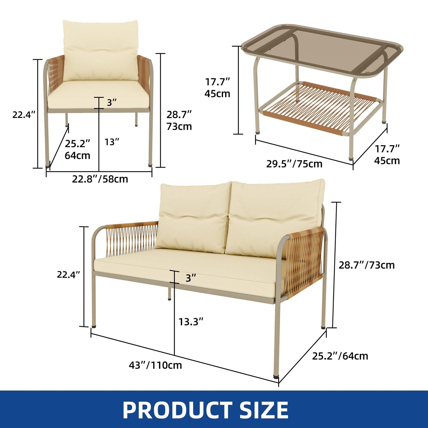 Set da conversazione in vimini e rattan da 4 pezzi Moasis con cuscino beige e tavolino da caffè