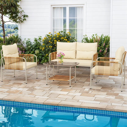 Set da conversazione in vimini e rattan da 4 pezzi Moasis con cuscino beige e tavolino da caffè