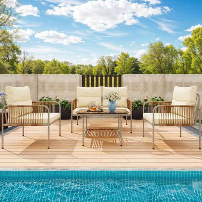 Set da conversazione in vimini e rattan da 4 pezzi Moasis con cuscino beige e tavolino da caffè