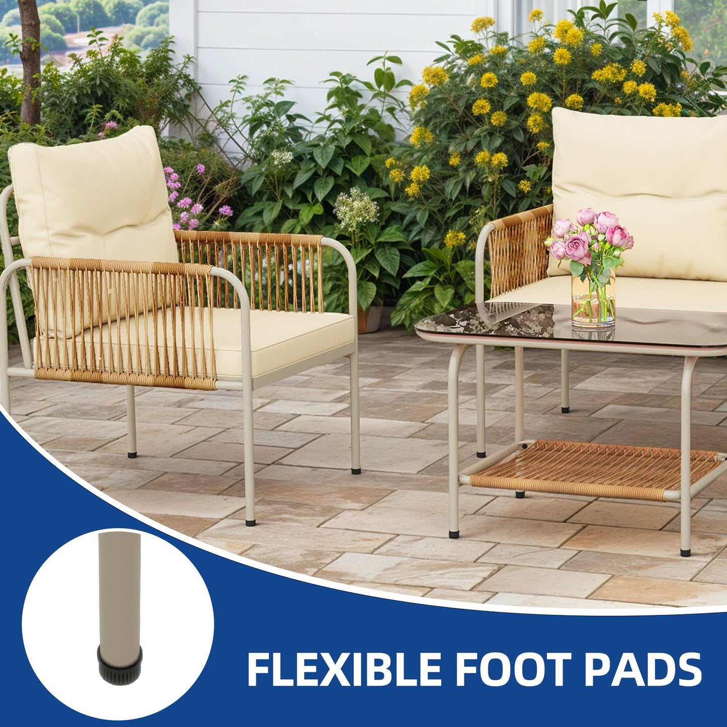 Set da conversazione in vimini e rattan da 4 pezzi Moasis con cuscino beige e tavolino da caffè