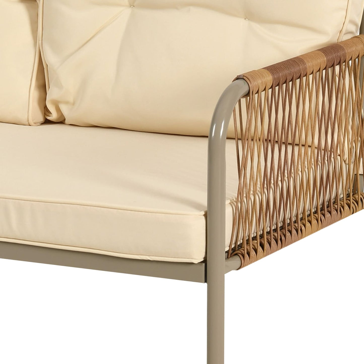 Set da conversazione in vimini e rattan da 4 pezzi Moasis con cuscino beige e tavolino da caffè