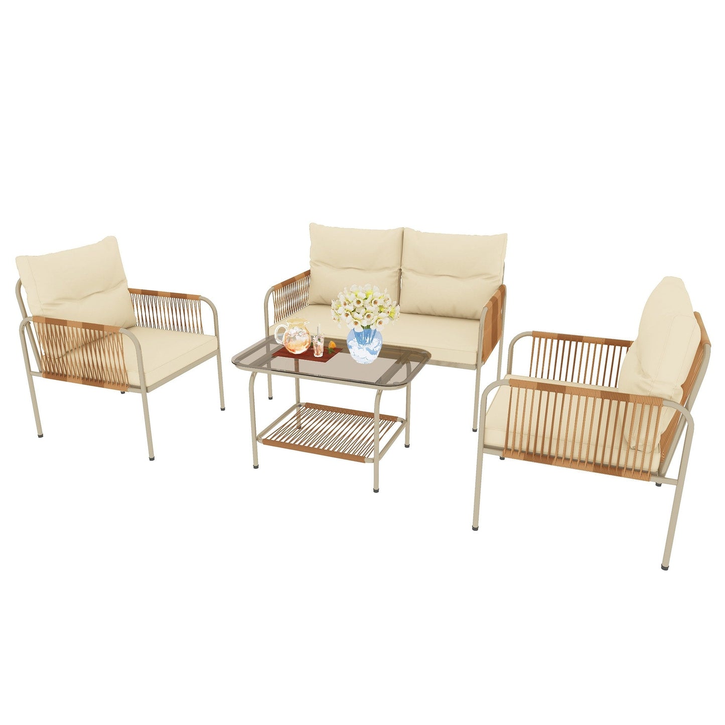 Set da conversazione in vimini e rattan da 4 pezzi Moasis con cuscino beige e tavolino da caffè