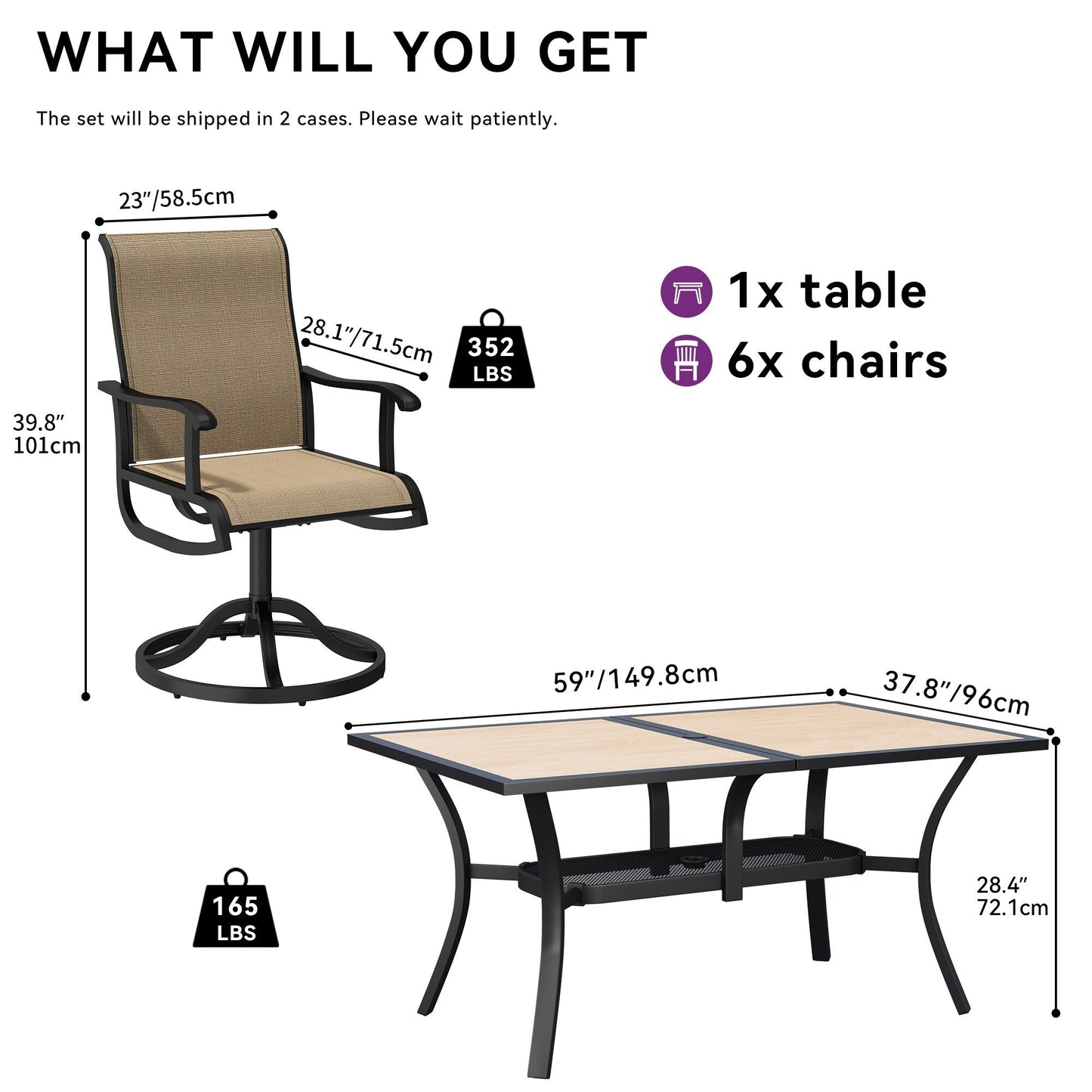 Set da pranzo per esterni 5/7/9 pezzi con sedie girevoli in textilene da 28 W, tavolo