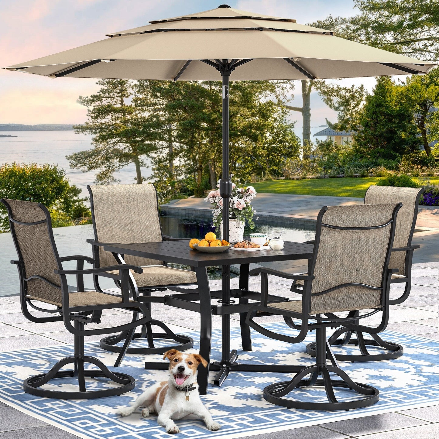 Set da pranzo per esterni 5/7/9 pezzi con sedie girevoli in textilene da 28 W, tavolo