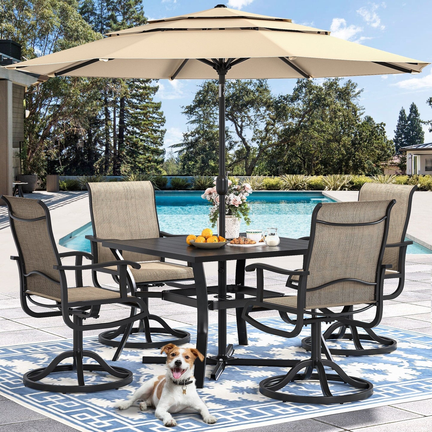 Set da pranzo per esterni 5/7/9 pezzi con sedie girevoli in textilene da 28 W, tavolo