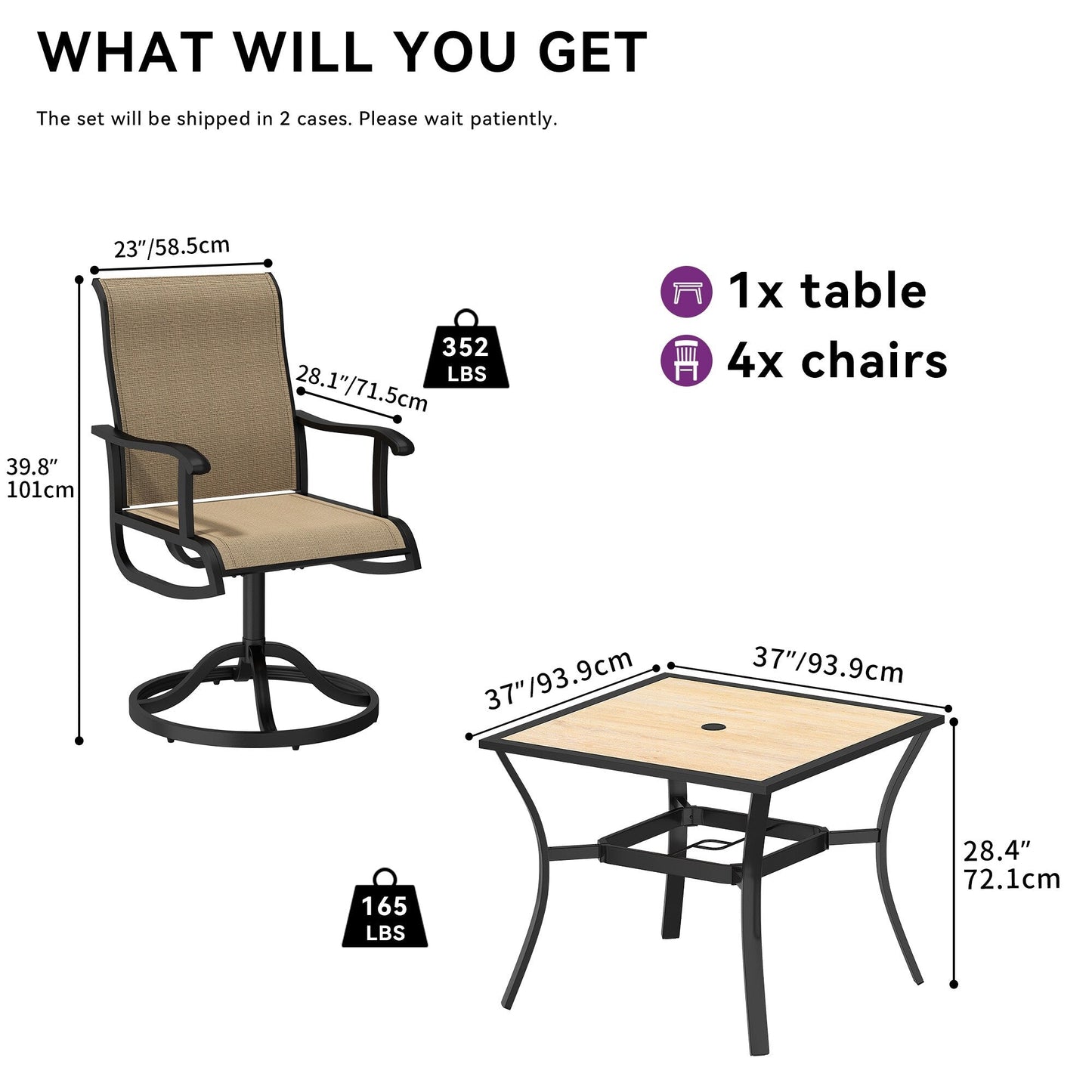 Set da pranzo per esterni 5/7/9 pezzi con sedie girevoli in textilene da 28 W, tavolo