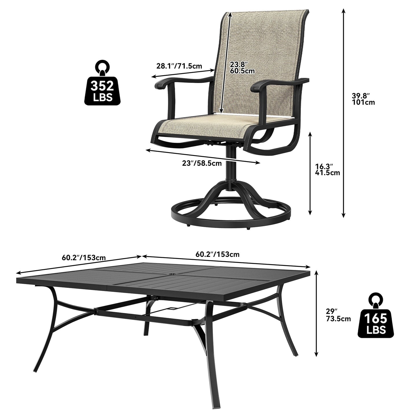 Set da pranzo per esterni 5/7/9 pezzi con sedie girevoli in textilene da 28 W, tavolo