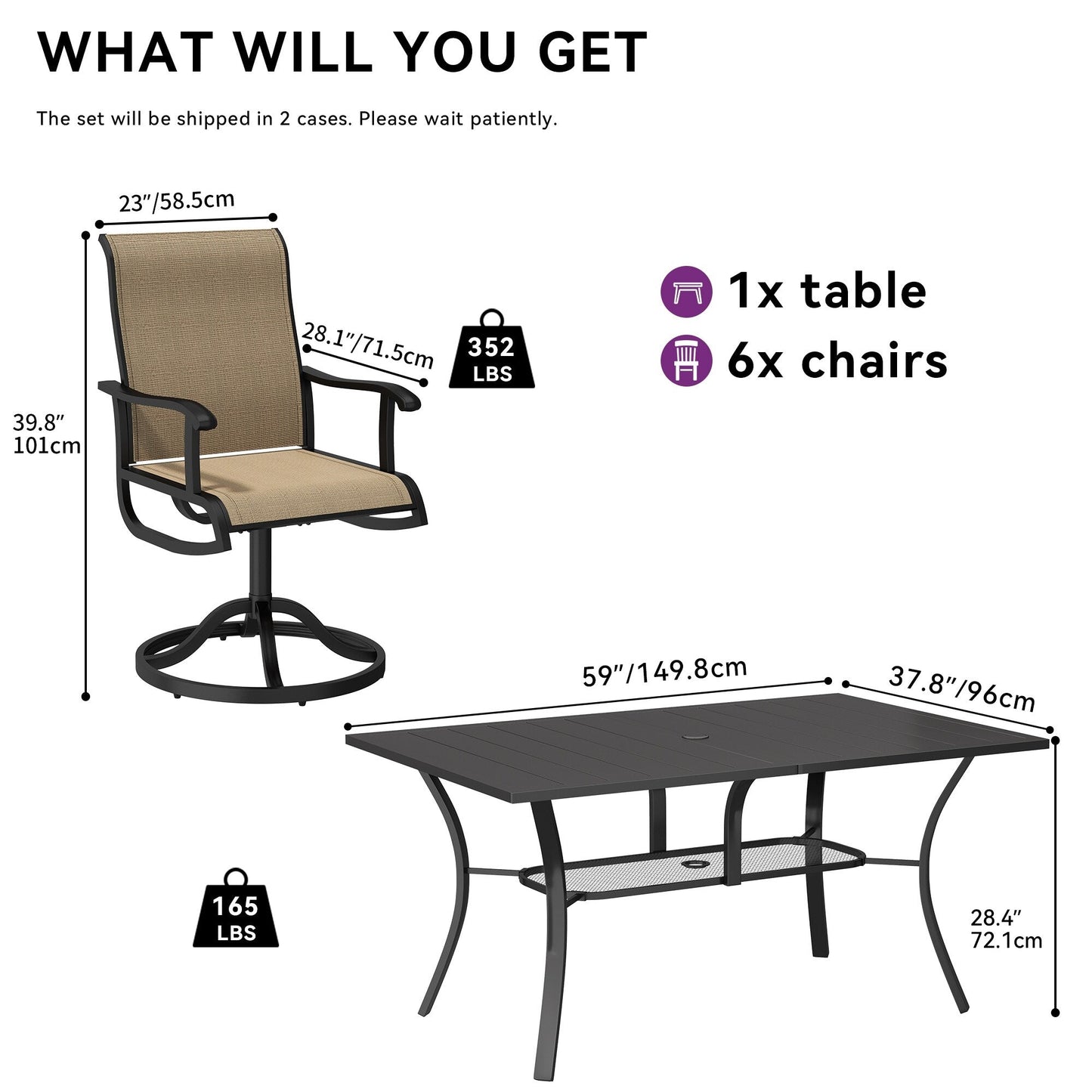 Set da pranzo per esterni 5/7/9 pezzi con sedie girevoli in textilene da 28 W, tavolo