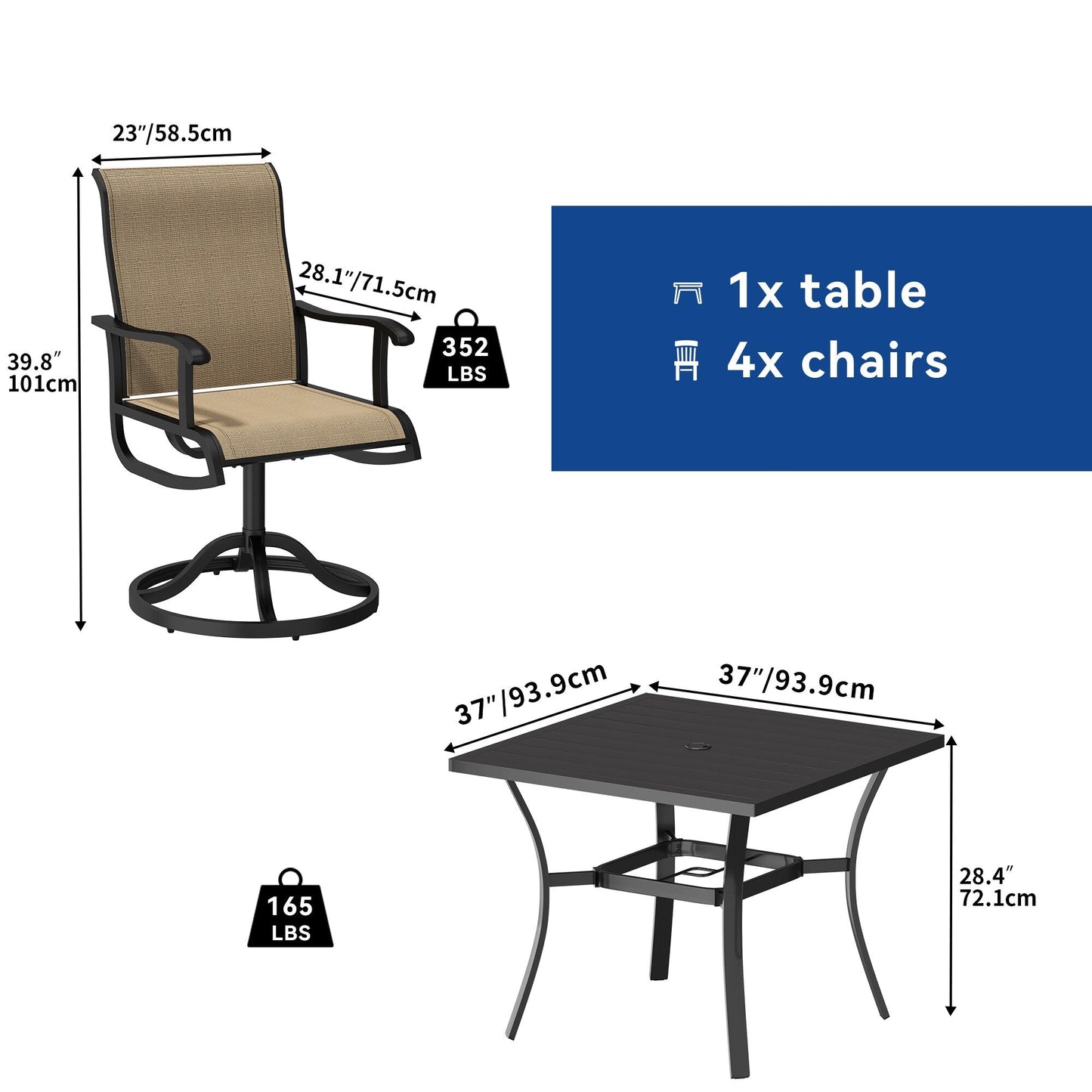 Set da pranzo per esterni 5/7/9 pezzi con sedie girevoli in textilene da 28 W, tavolo