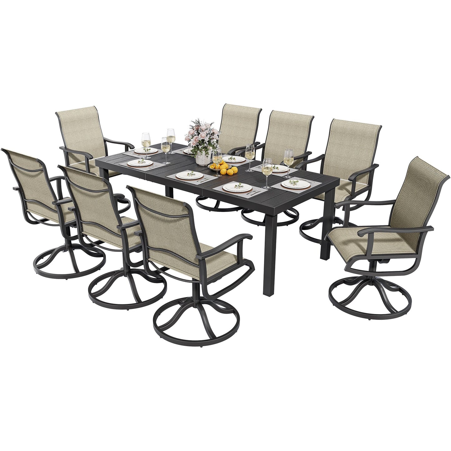 Set da pranzo per esterni 5/7/9 pezzi con sedie girevoli in textilene da 28 W, tavolo