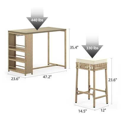 Set da bar in vimini e rattan Moasis da 5 pezzi, mobili da pranzo per patio con portabicchieri e 4 sgabelli da bar imbottiti