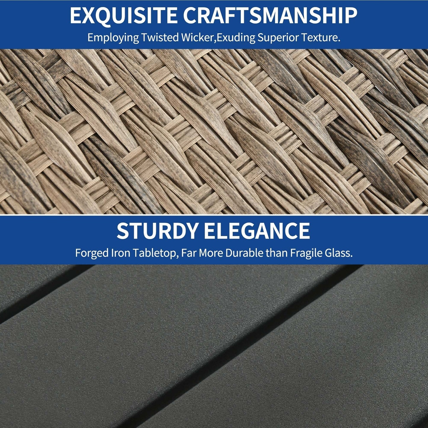 Set da bar in vimini e rattan Moasis da 5 pezzi, mobili da pranzo per patio con portabicchieri e 4 sgabelli da bar imbottiti