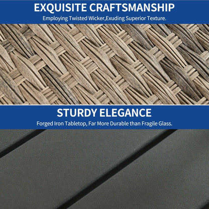 Set da bar in vimini e rattan Moasis da 5 pezzi, mobili da pranzo per patio con portabicchieri e 4 sgabelli da bar imbottiti