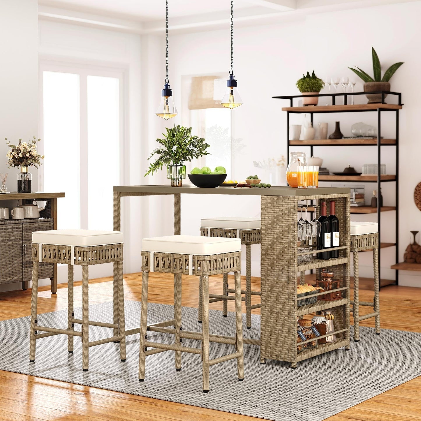 Set da bar in vimini e rattan Moasis da 5 pezzi, mobili da pranzo per patio con portabicchieri e 4 sgabelli da bar imbottiti