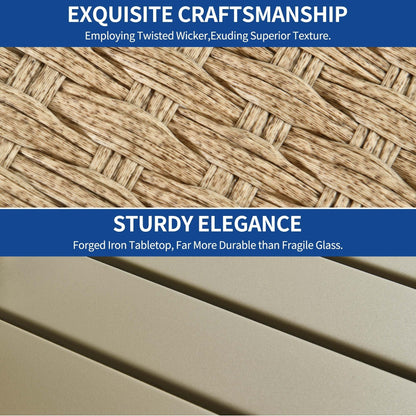 Set da bar in vimini e rattan Moasis da 5 pezzi, mobili da pranzo per patio con portabicchieri e 4 sgabelli da bar imbottiti