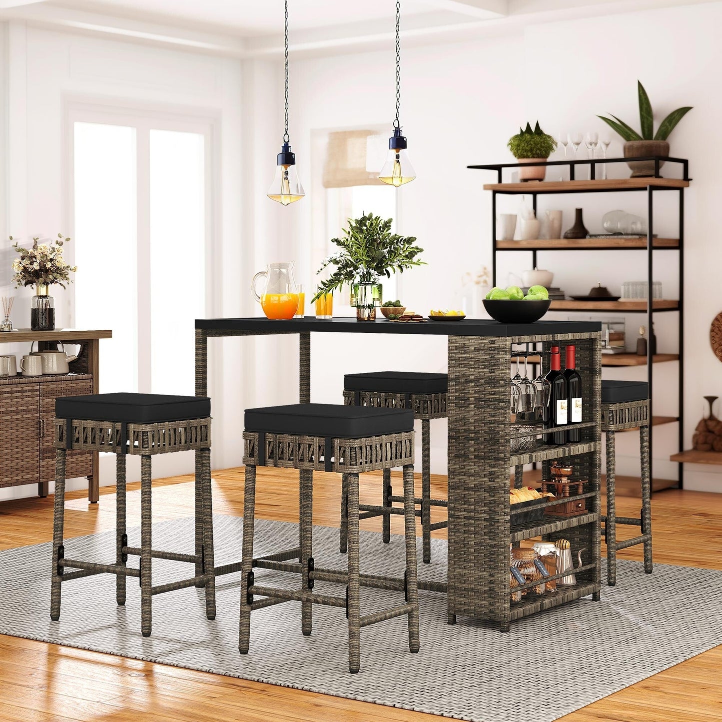 Set da bar in vimini e rattan Moasis da 5 pezzi, mobili da pranzo per patio con portabicchieri e 4 sgabelli da bar imbottiti