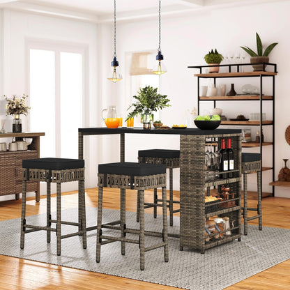 Set da bar in vimini e rattan Moasis da 5 pezzi, mobili da pranzo per patio con portabicchieri e 4 sgabelli da bar imbottiti