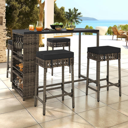 Set da bar in vimini e rattan Moasis da 5 pezzi, mobili da pranzo per patio con portabicchieri e 4 sgabelli da bar imbottiti