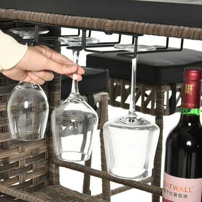 Set da bar in vimini e rattan Moasis da 5 pezzi, mobili da pranzo per patio con portabicchieri e 4 sgabelli da bar imbottiti