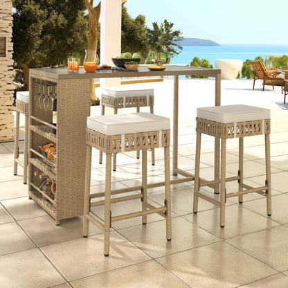 Set da bar in vimini e rattan Moasis da 5 pezzi, mobili da pranzo per patio con portabicchieri e 4 sgabelli da bar imbottiti