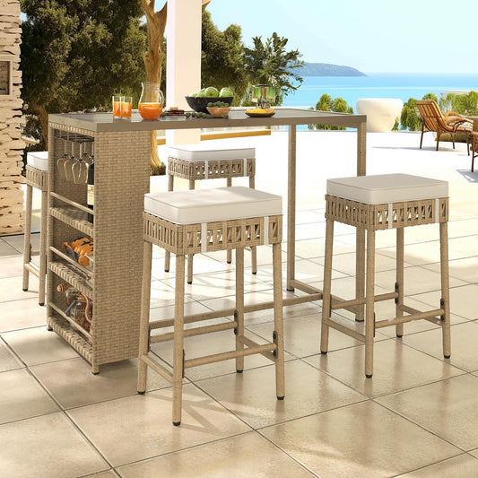 Set da bar in vimini e rattan Moasis da 5 pezzi, mobili da pranzo per patio con portabicchieri e 4 sgabelli da bar imbottiti