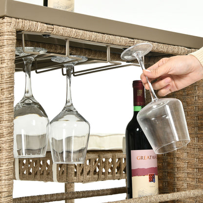 Set da bar in vimini e rattan Moasis da 5 pezzi, mobili da pranzo per patio con portabicchieri e 4 sgabelli da bar imbottiti