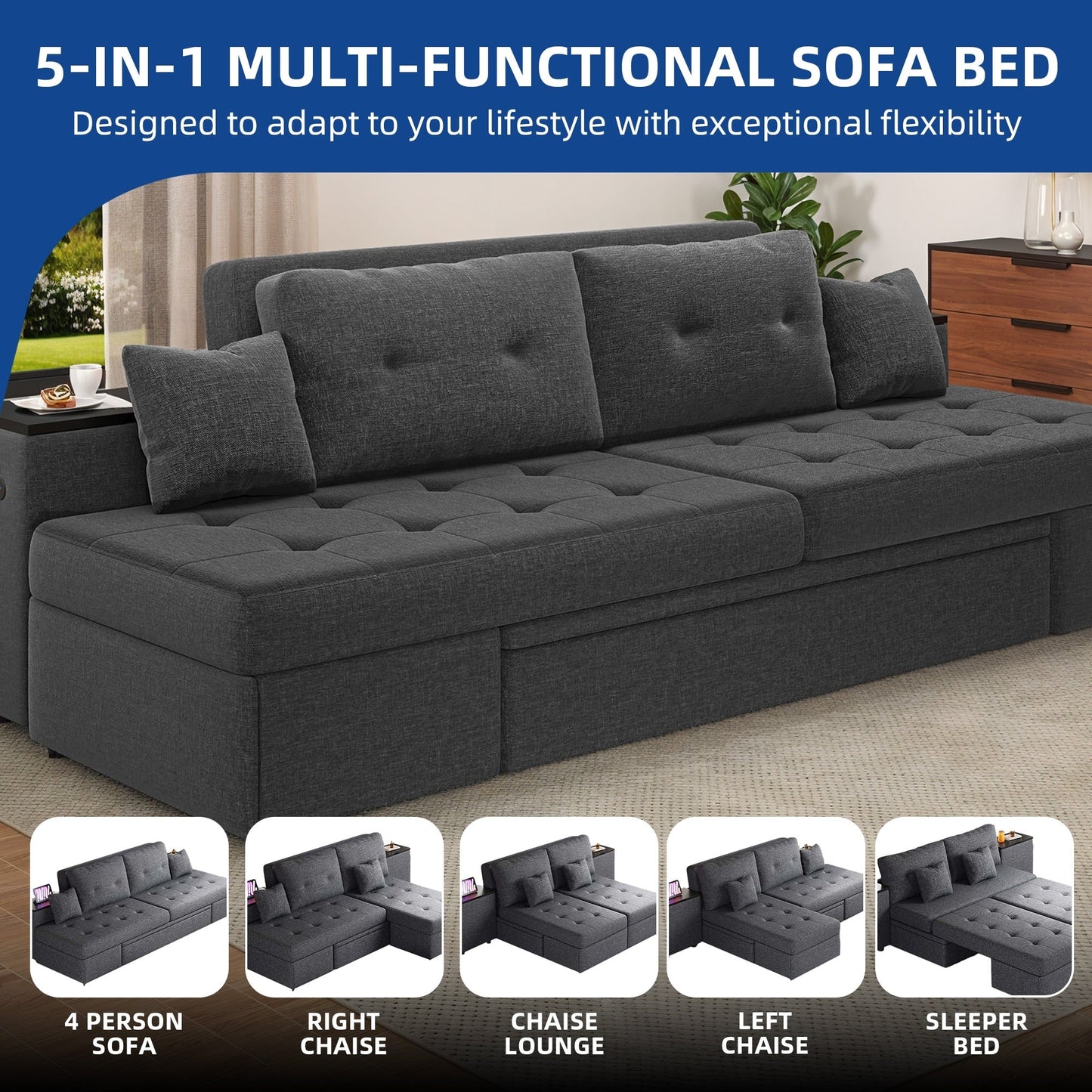 Divano letto multifunzionale 5 in 1 Moasis, divano moderno pieghevole