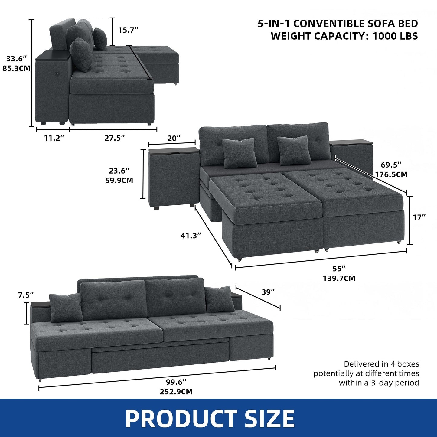 Divano letto multifunzionale 5 in 1 Moasis, divano moderno pieghevole