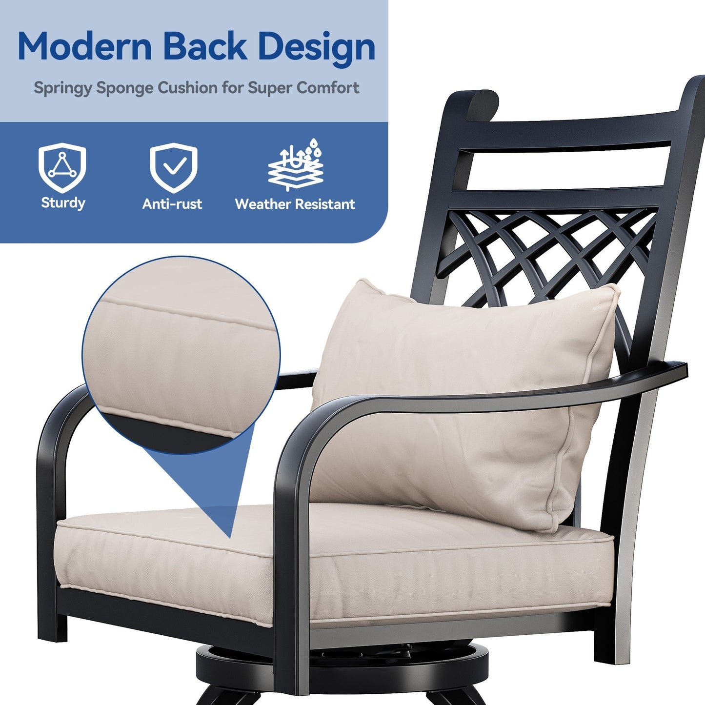 Set da pranzo girevole per esterni con sedie imbottite da 29 W, tavolo da patio