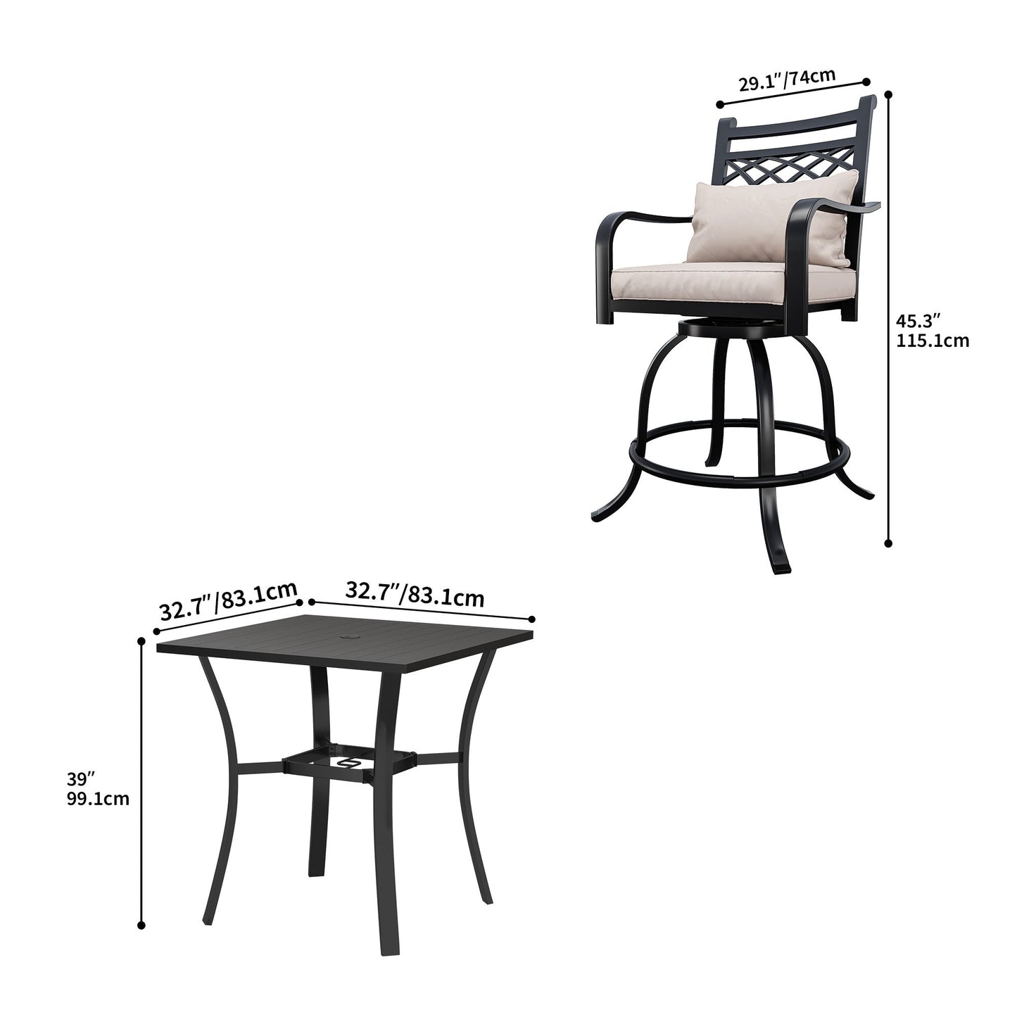 Set da pranzo girevole per esterni con sedie imbottite da 29 W, tavolo da patio