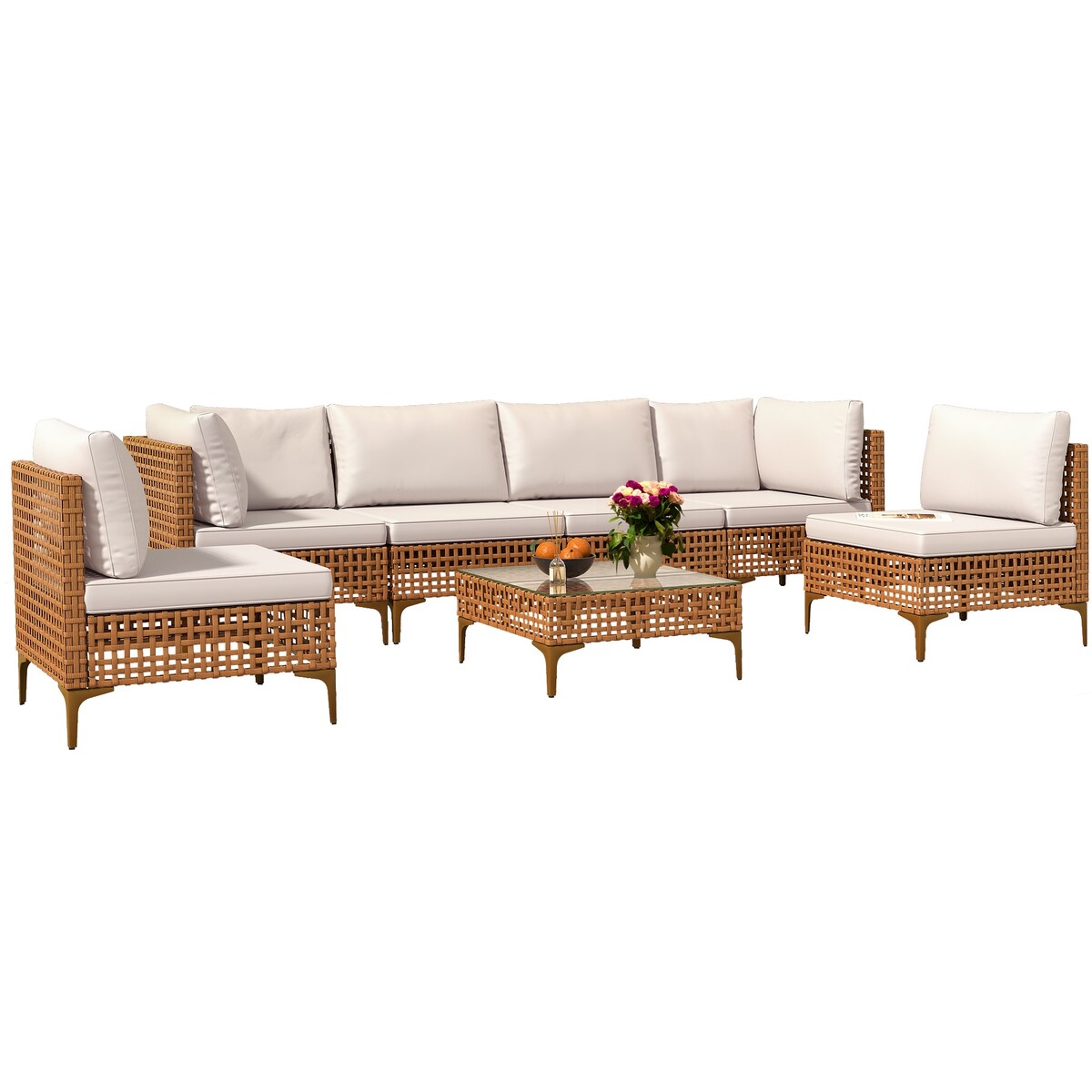 Set di mobili da giardino in vimini PE Moasis da 7 pezzi con tavolino e cuscini