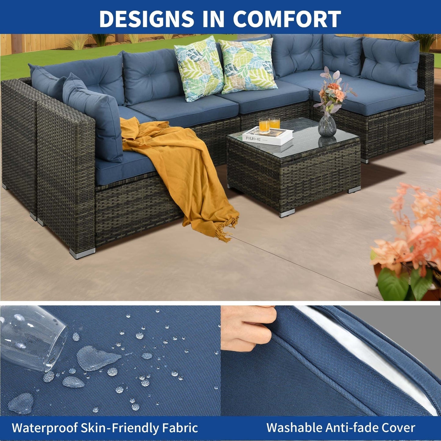 Moasis, set da conversazione con divano componibile in vimini, 7 pezzi, per esterni, patio, con tavolino e cuscini