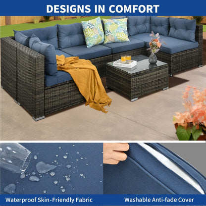 Moasis, set da conversazione con divano componibile in vimini, 7 pezzi, per esterni, patio, con tavolino e cuscini