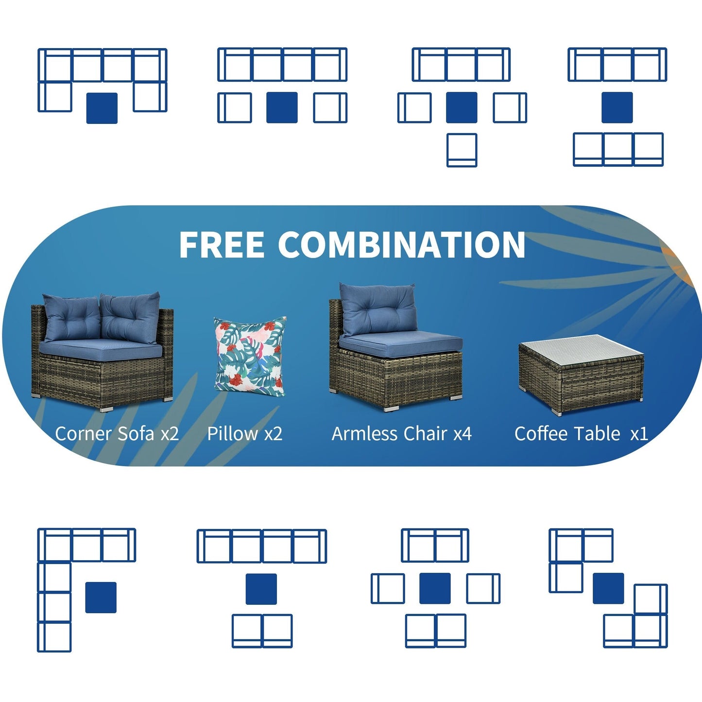 Moasis, set da conversazione con divano componibile in vimini, 7 pezzi, per esterni, patio, con tavolino e cuscini