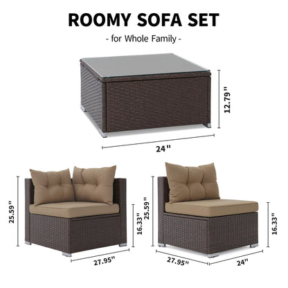 Moasis, set da conversazione con divano componibile in vimini, 7 pezzi, per esterni, patio, con tavolino e cuscini