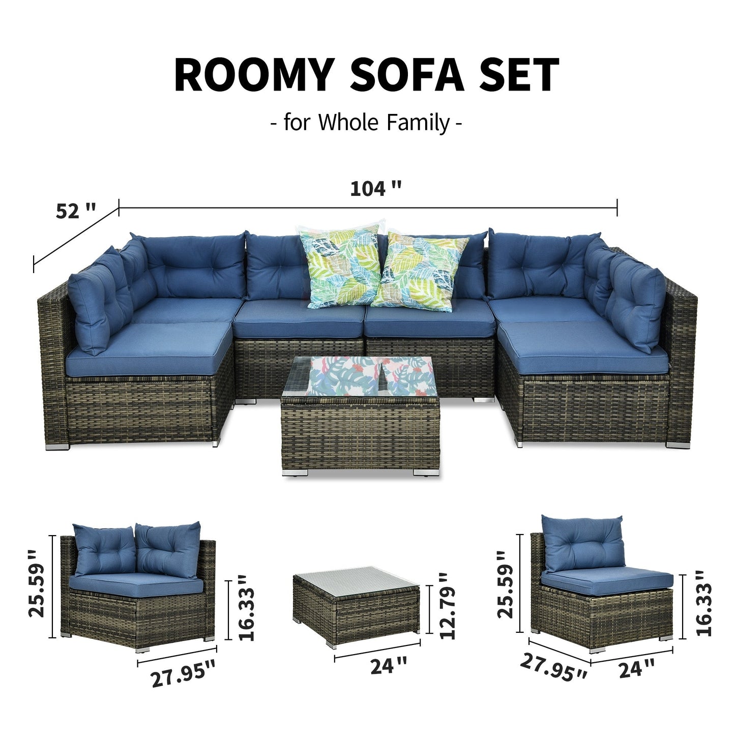 Moasis, set da conversazione con divano componibile in vimini, 7 pezzi, per esterni, patio, con tavolino e cuscini