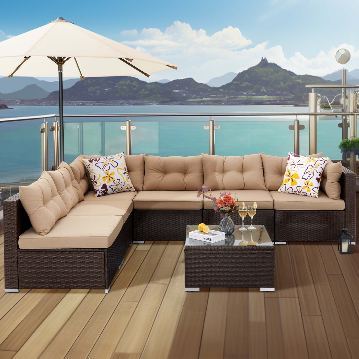 Moasis, set da conversazione con divano componibile in vimini, 7 pezzi, per esterni, patio, con tavolino e cuscini