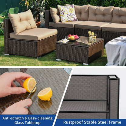 Moasis, set da conversazione con divano componibile in vimini, 7 pezzi, per esterni, patio, con tavolino e cuscini