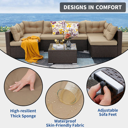 Moasis, set da conversazione con divano componibile in vimini, 7 pezzi, per esterni, patio, con tavolino e cuscini