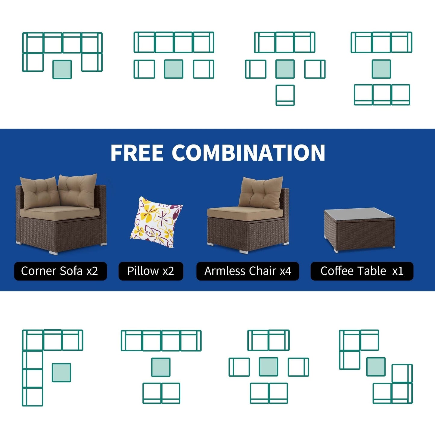 Moasis, set da conversazione con divano componibile in vimini, 7 pezzi, per esterni, patio, con tavolino e cuscini